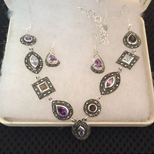 Silver & Purple Earring Necklace Set